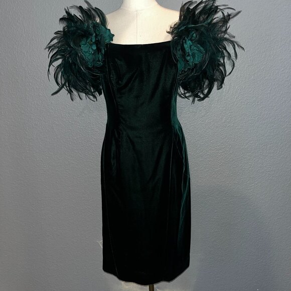 Victor Costa Dresses & Skirts - 80'S VICTOR COSTA for I. MAGNIN EMERALD GREEN VELVET & FEATHER COCKTAIL DRESS 4